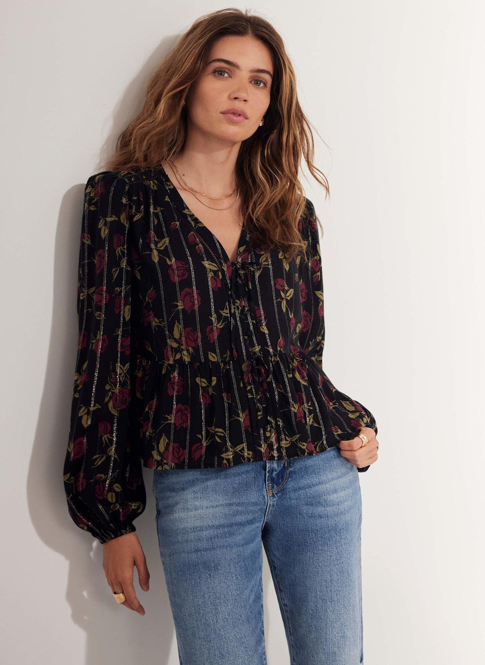 Black Rose Print Tie Front Top