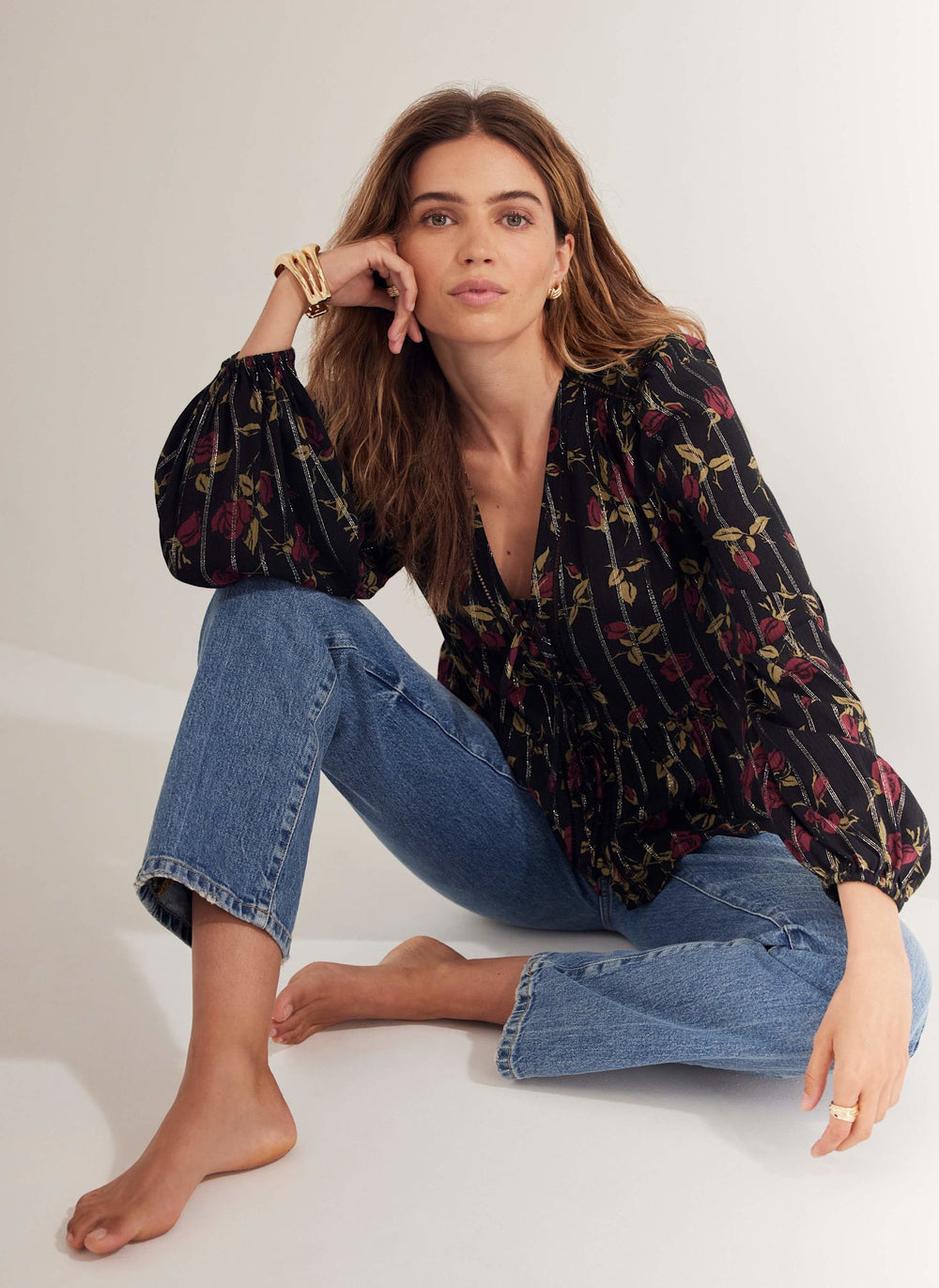 Black Rose Print Tie Front Top