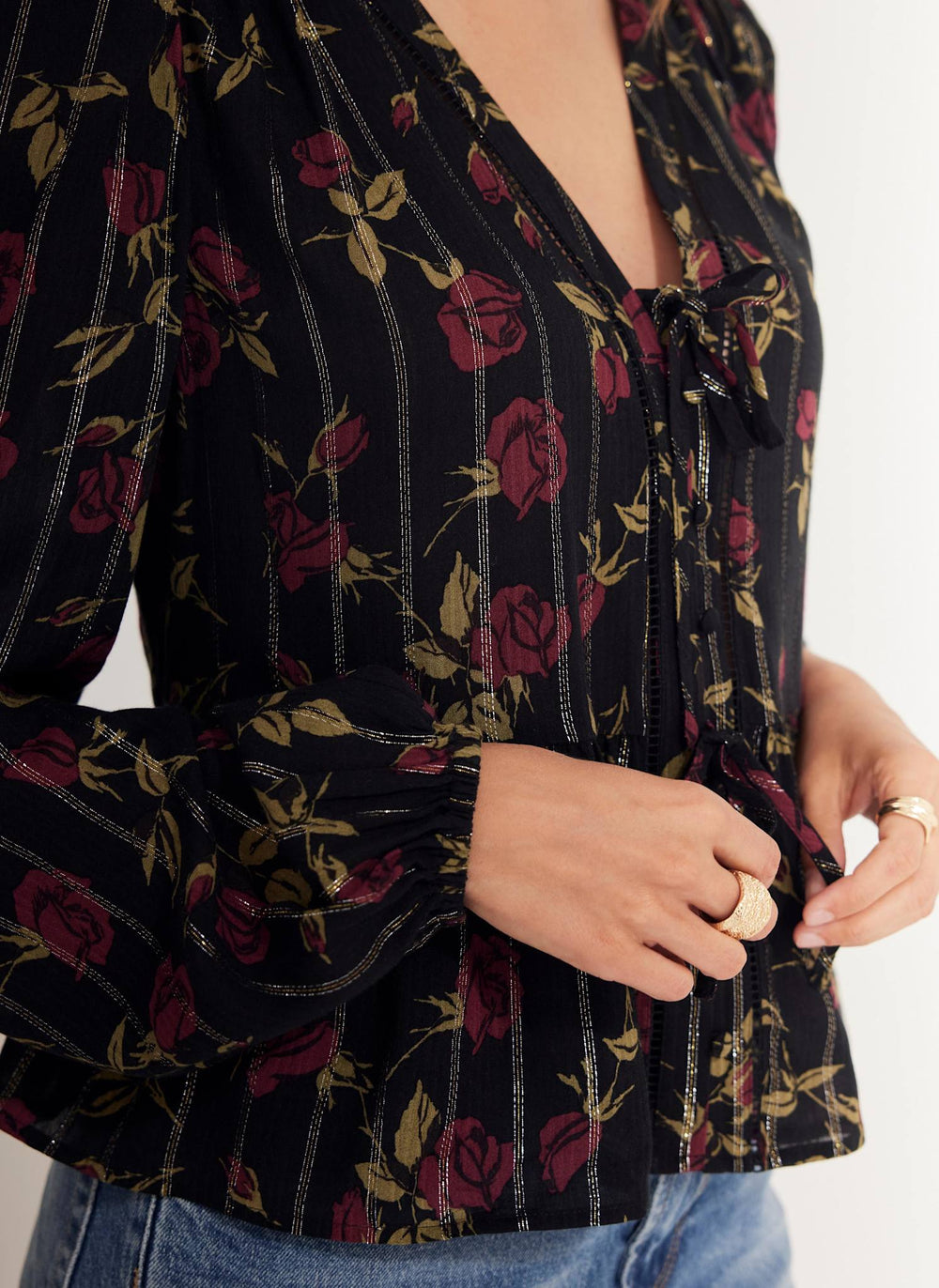 Black Rose Print Tie Front Top