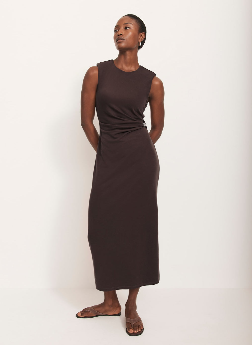 Brown Ruched Midi Dress