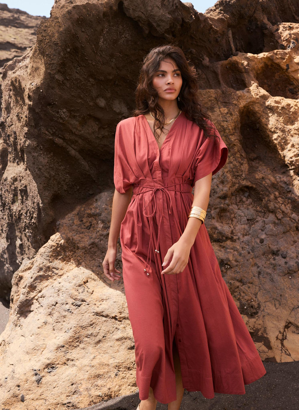 Rust Red Cotton Tie Waist Midi Dress