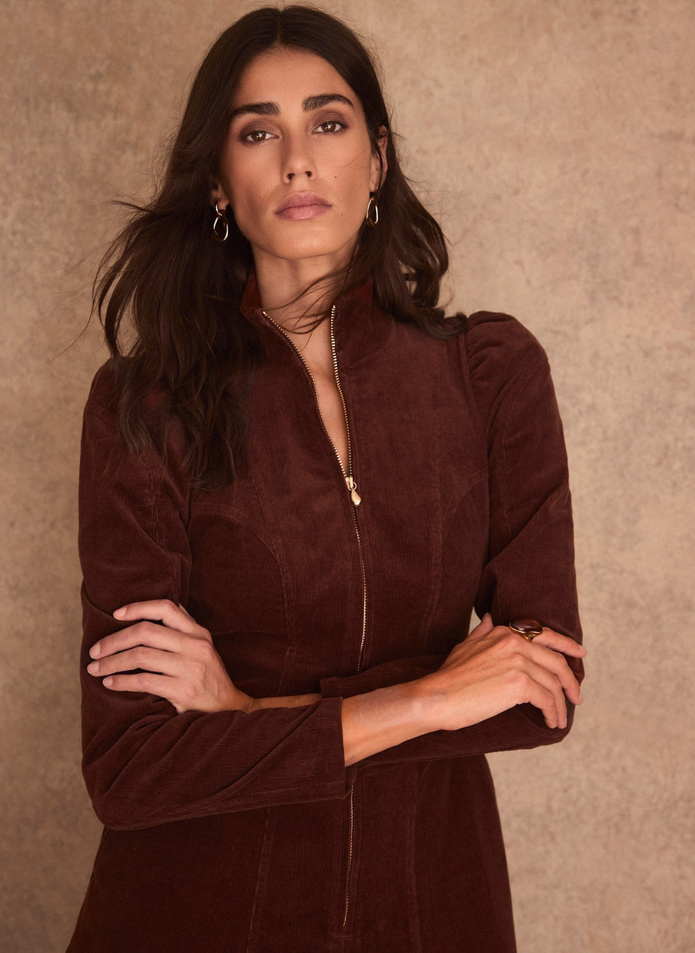 Brown Corduroy Stand Collar Midi Dress