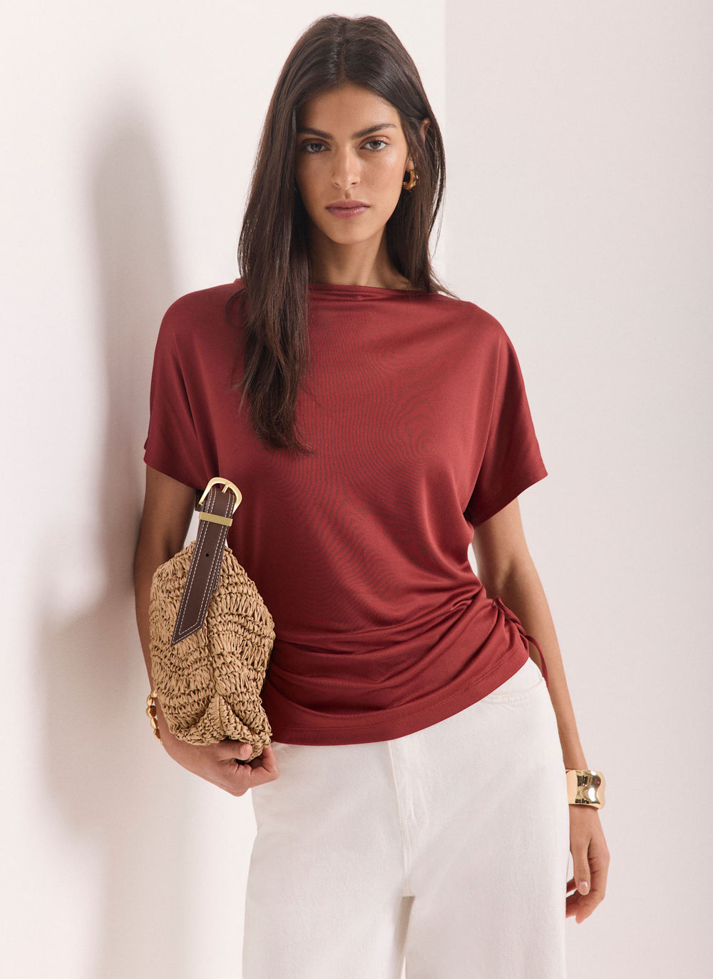 Rust Red Jersey Ruched Tie Detail Top