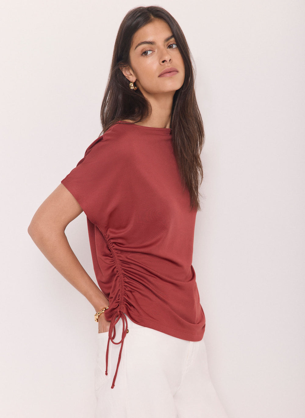 Rust Red Jersey Ruched Tie Detail Top