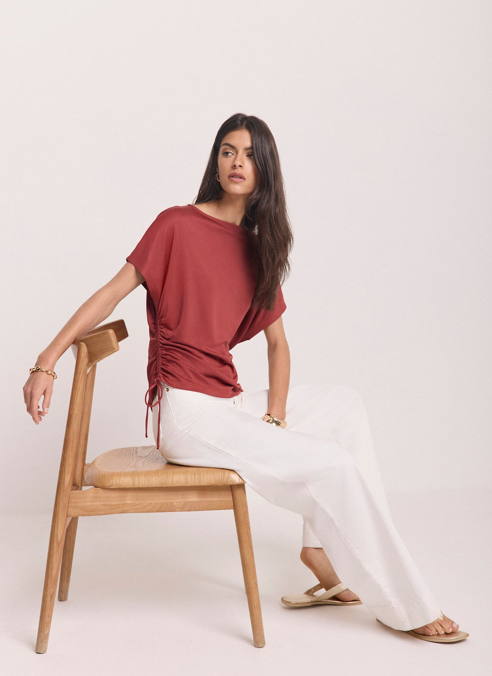 Rust Red Jersey Ruched Tie Detail Top