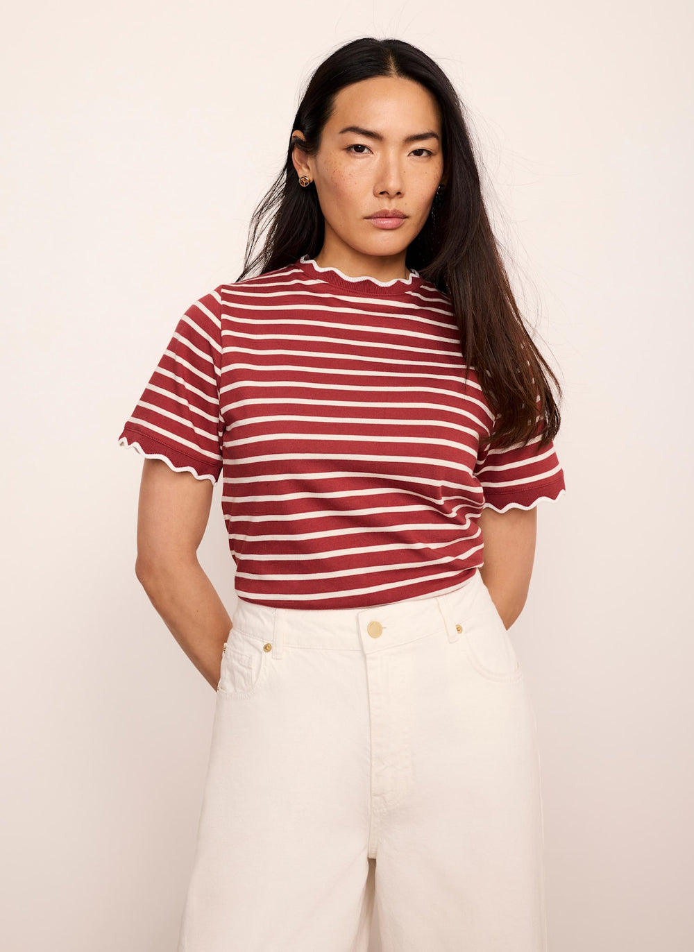 Brown Cotton Striped Scallop T-Shirt