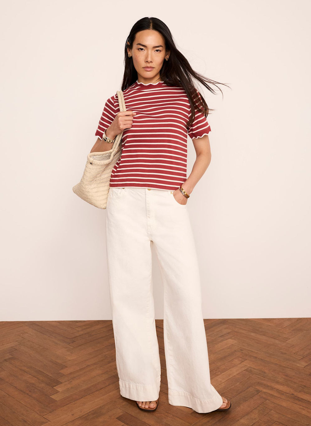 Brown Cotton Striped Scallop T-Shirt