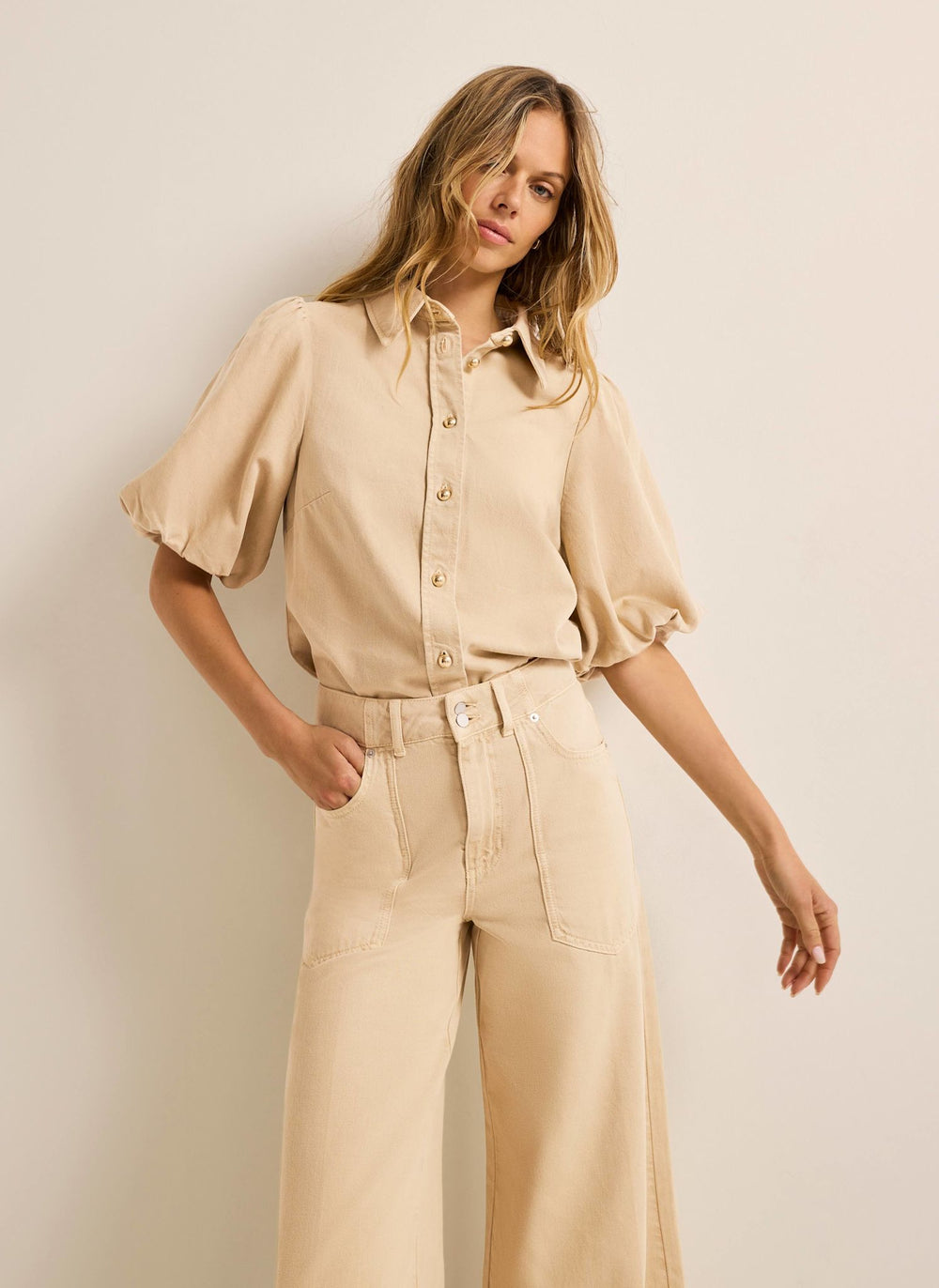 Neutral Denim Puff Sleeve Shirt