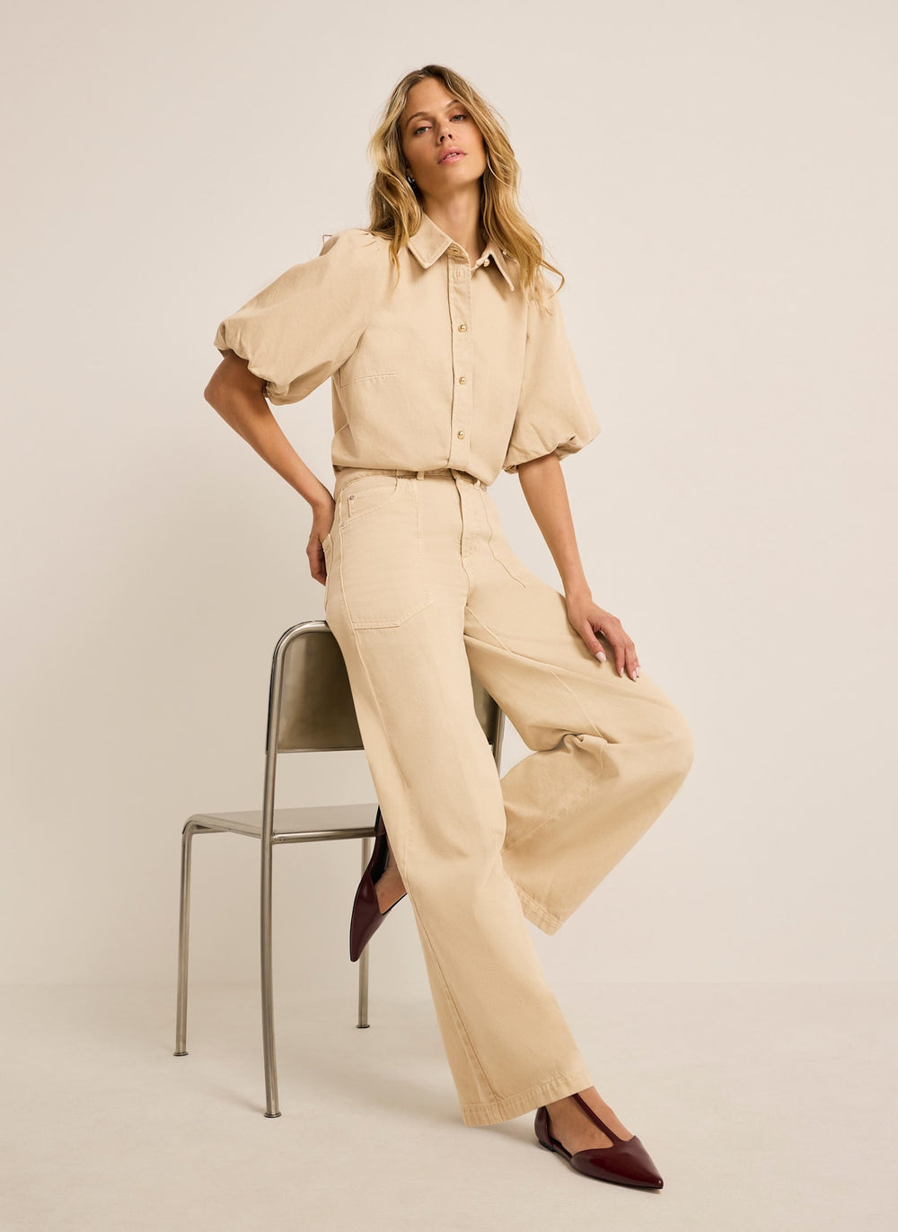 Neutral Denim Puff Sleeve Shirt