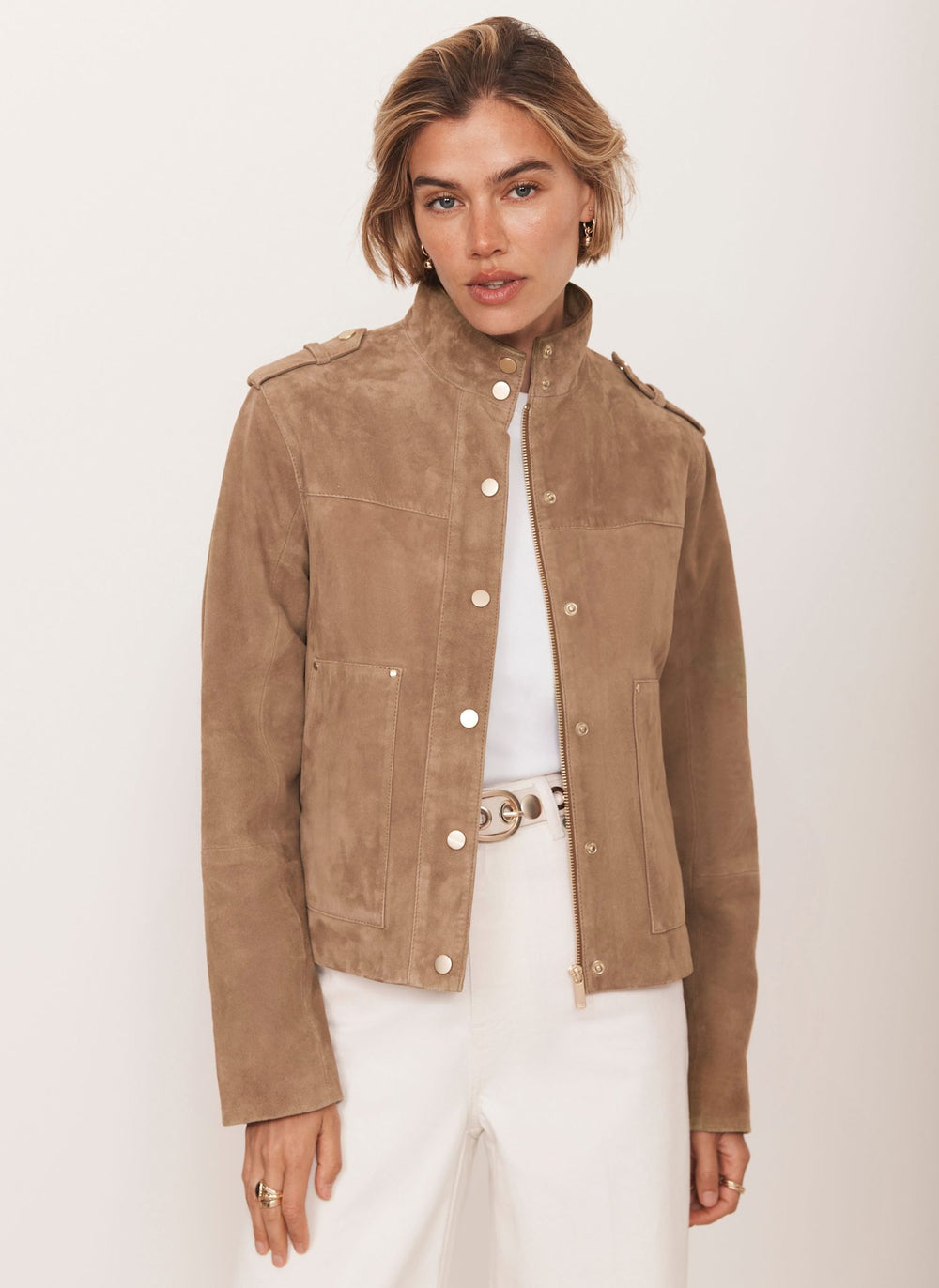 Neutral Suede Funnel Neck Jacket
