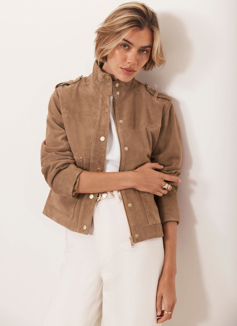 Neutral Suede Funnel Neck Jacket