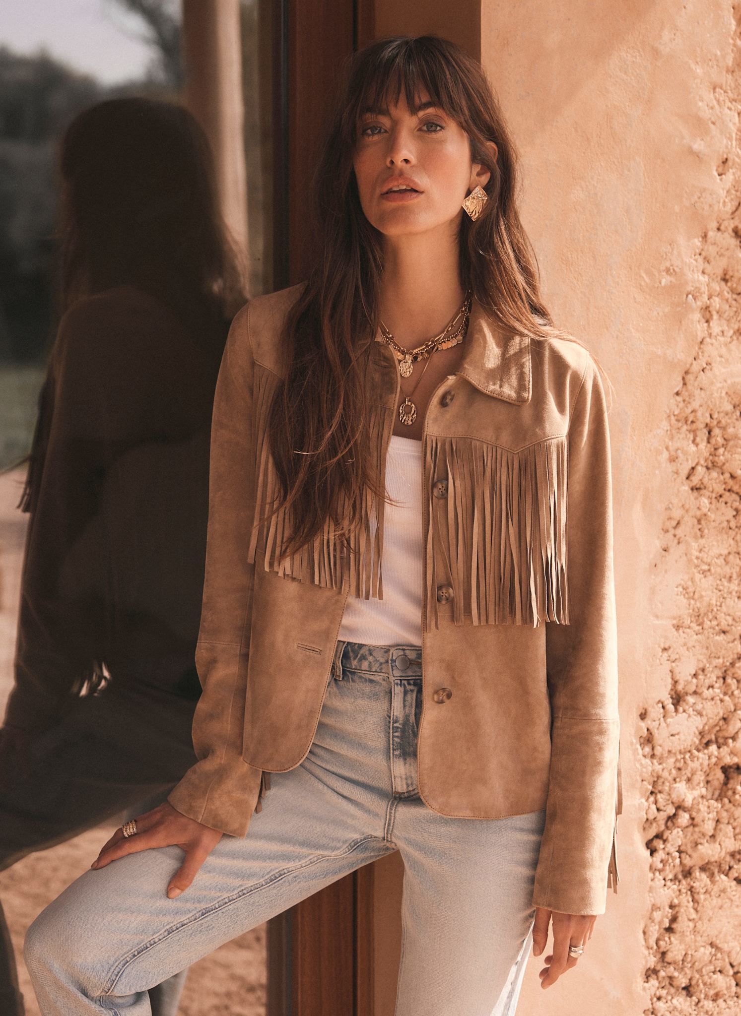 Suede Fringe Fringe Sleeve Jacket Neutral Suede Fringed Jacket