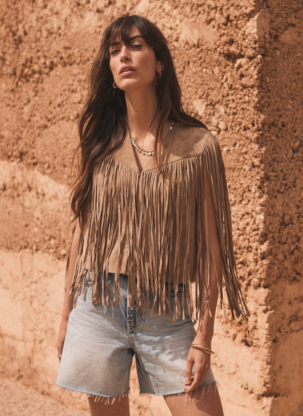 Neutral Suede Fringed Waistcoat
