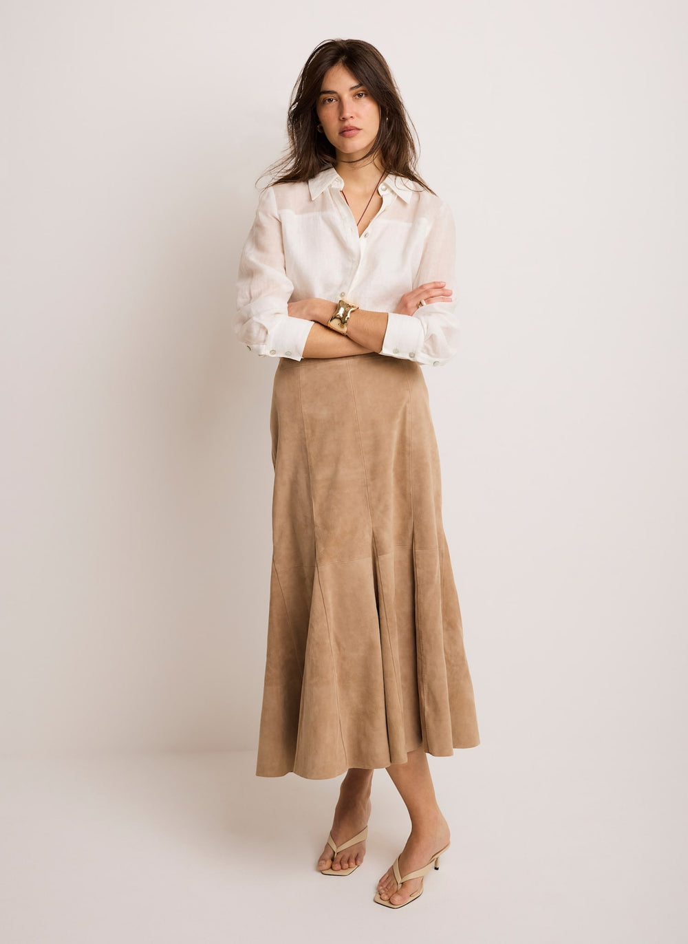 Neutral Suede Godet Midi Skirt