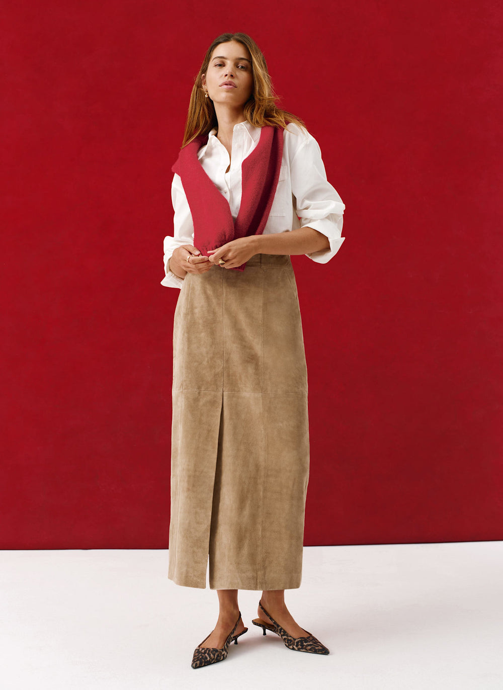 Neutral Suede Midi Skirt