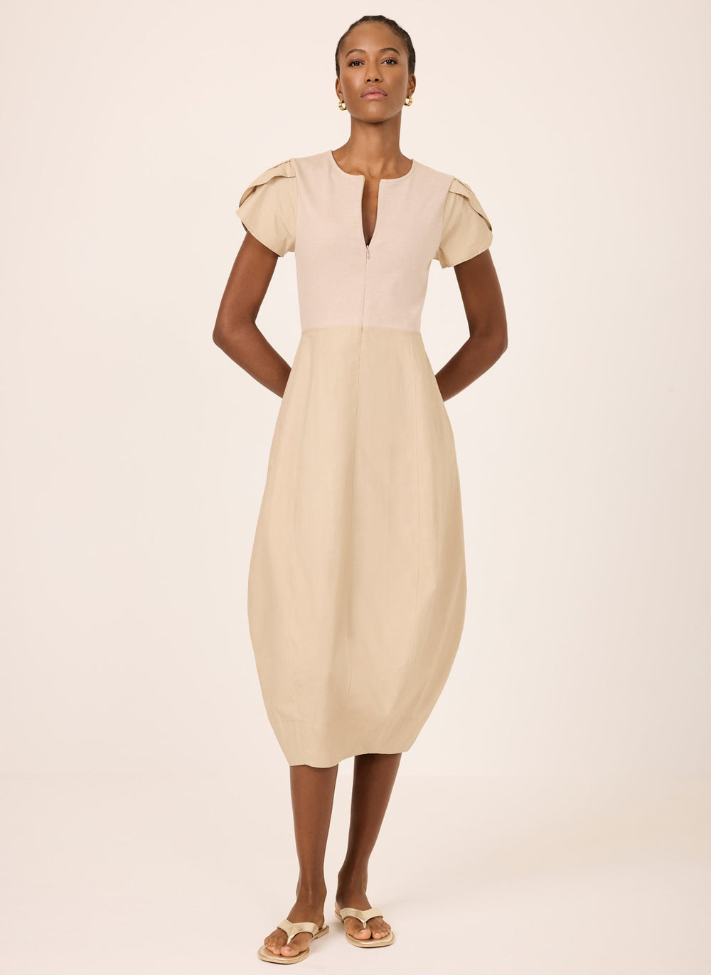 Neutral Cotton Blend Tulip Hem Midi Dress