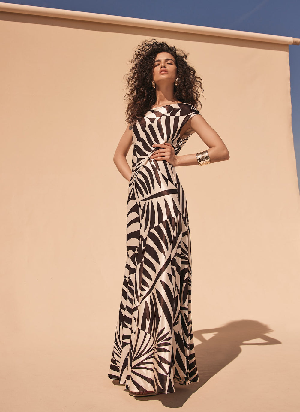 Brown Satin Palm Print Maxi Dress