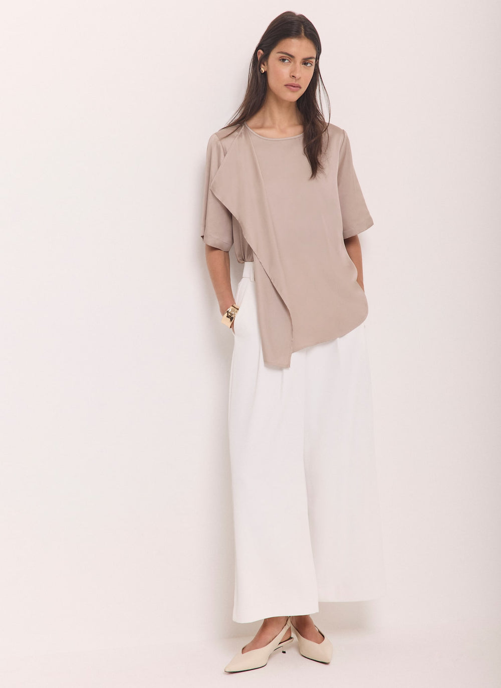 Neutral Satin Ruffle Front Top