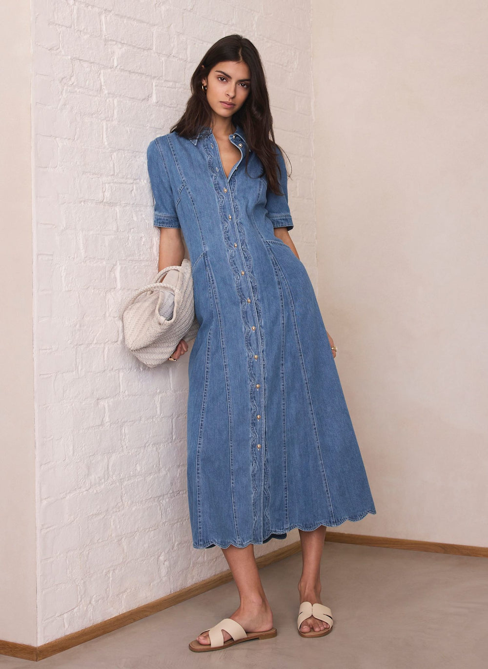 Indigo Denim Scallop Detail Midi Dress