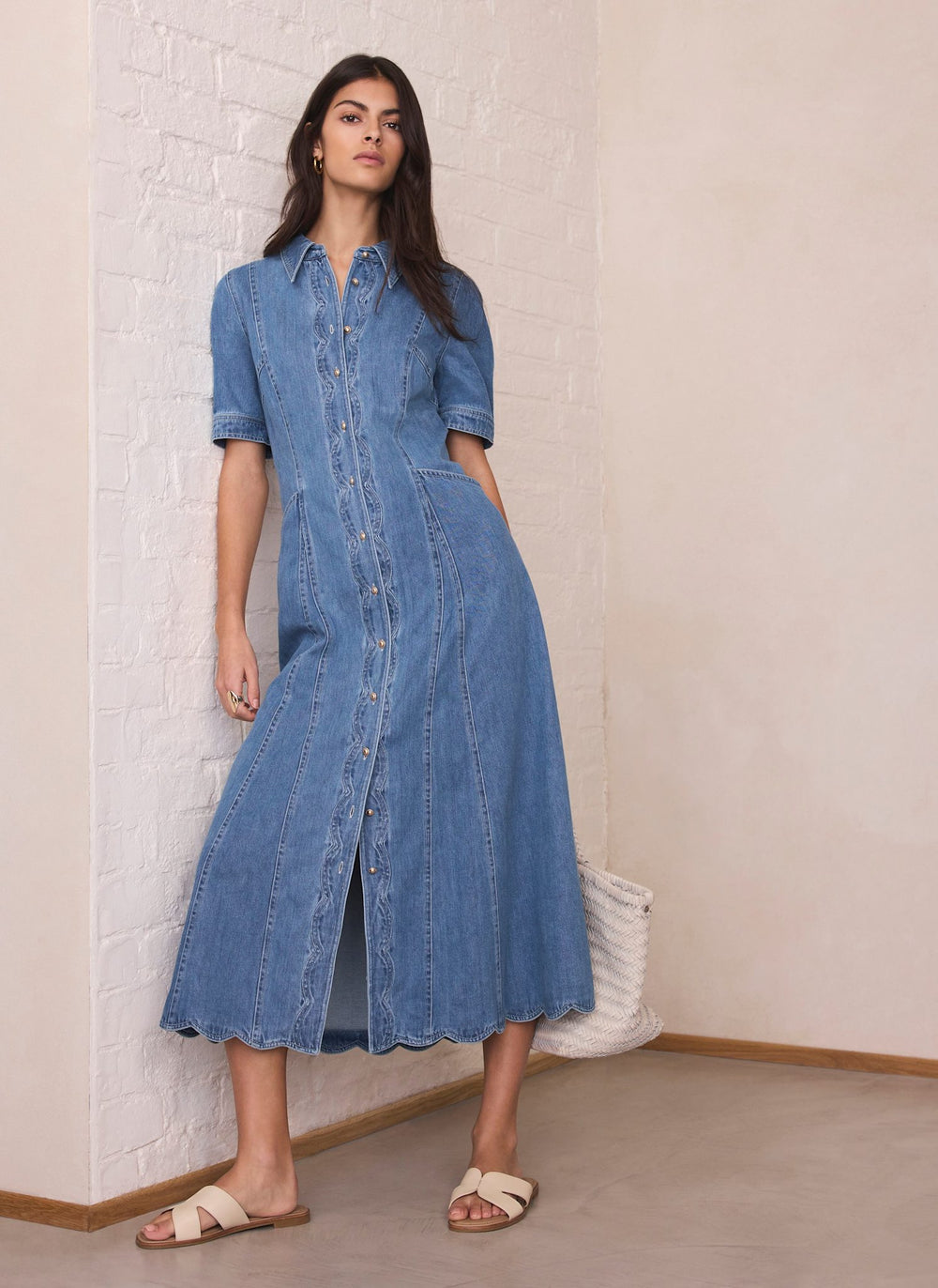 Indigo Denim Scallop Detail Midi Dress