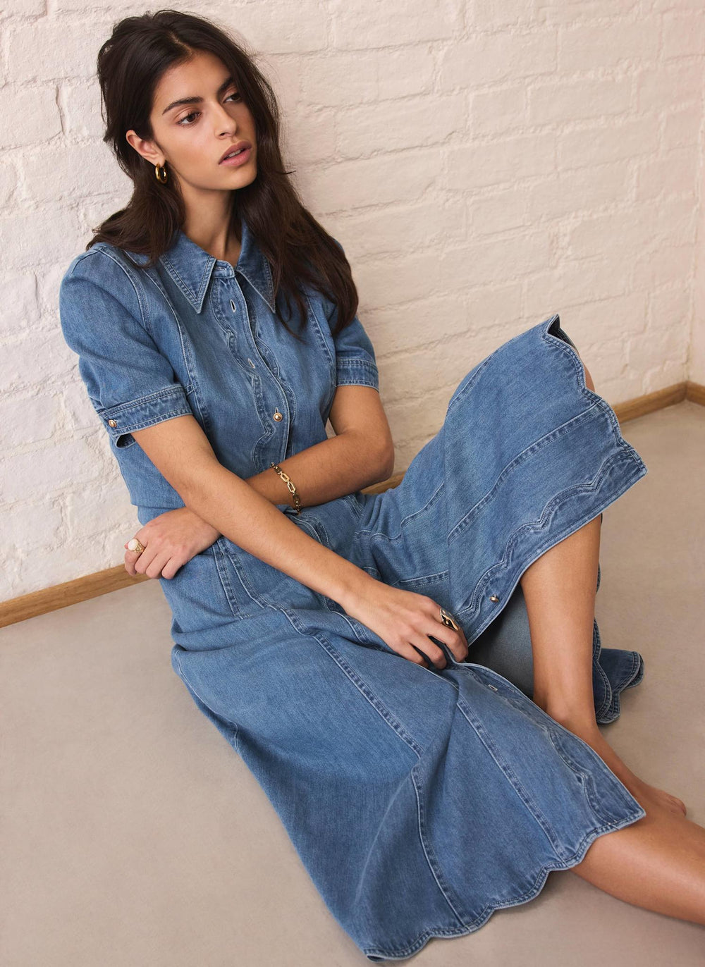 Indigo Denim Scallop Detail Midi Dress