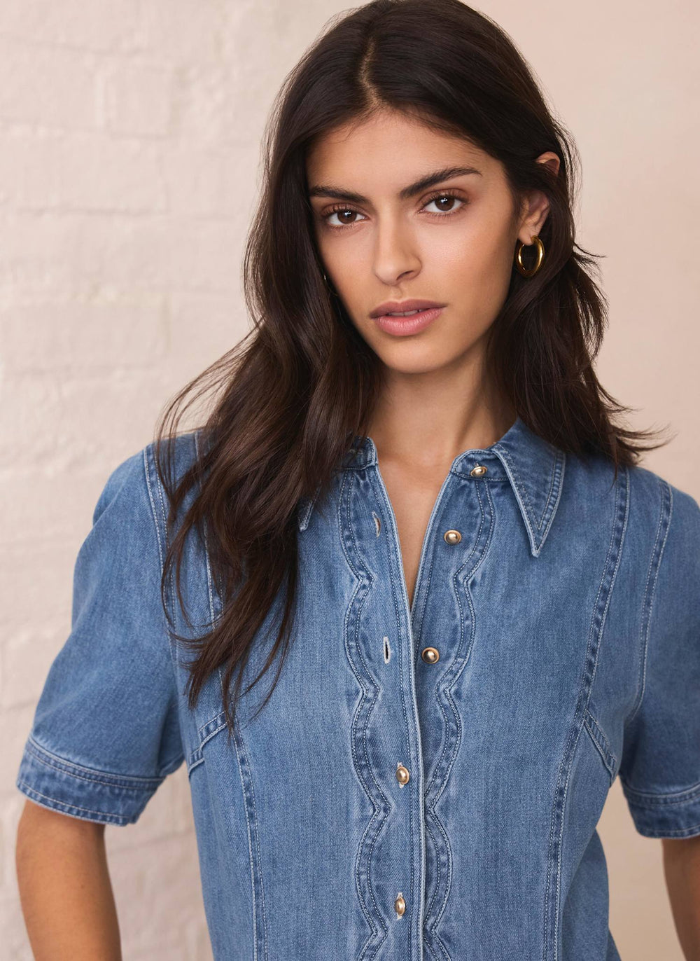 Indigo Denim Scallop Detail Midi Dress