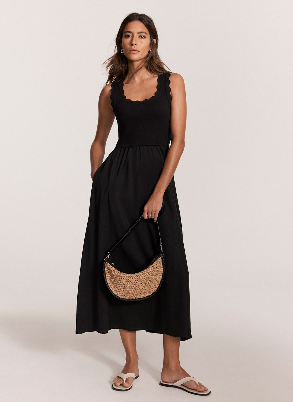 Black Scallop Trim Midi Dress