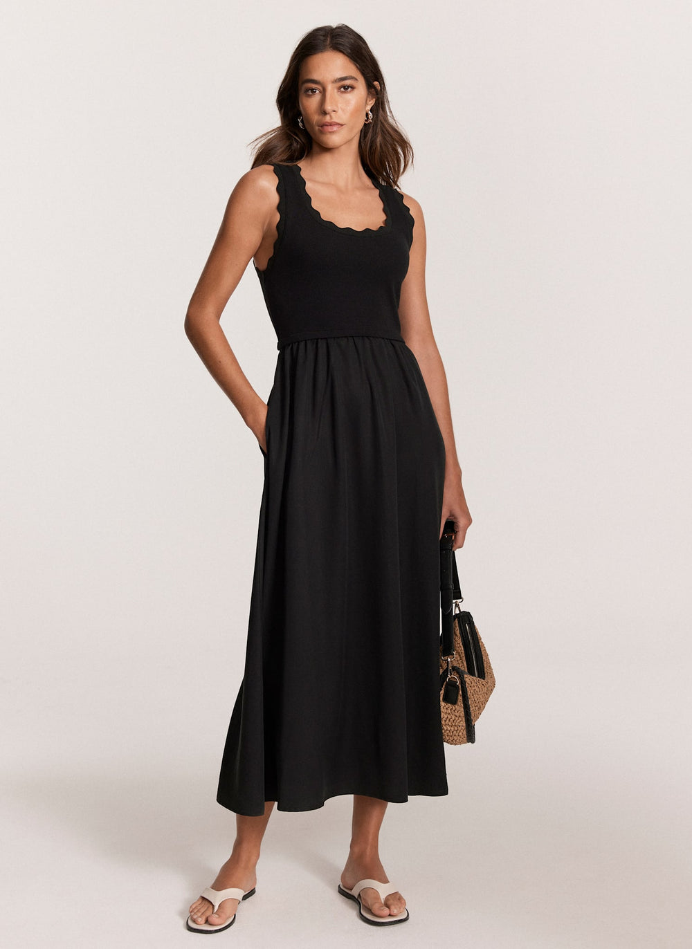Black Scallop Trim Midi Dress