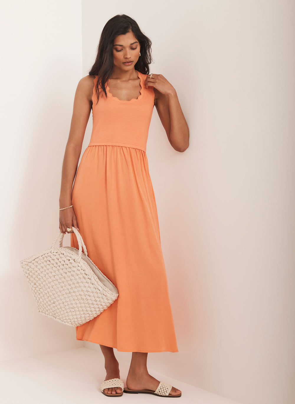 Orange Scallop Trim Midi Dress