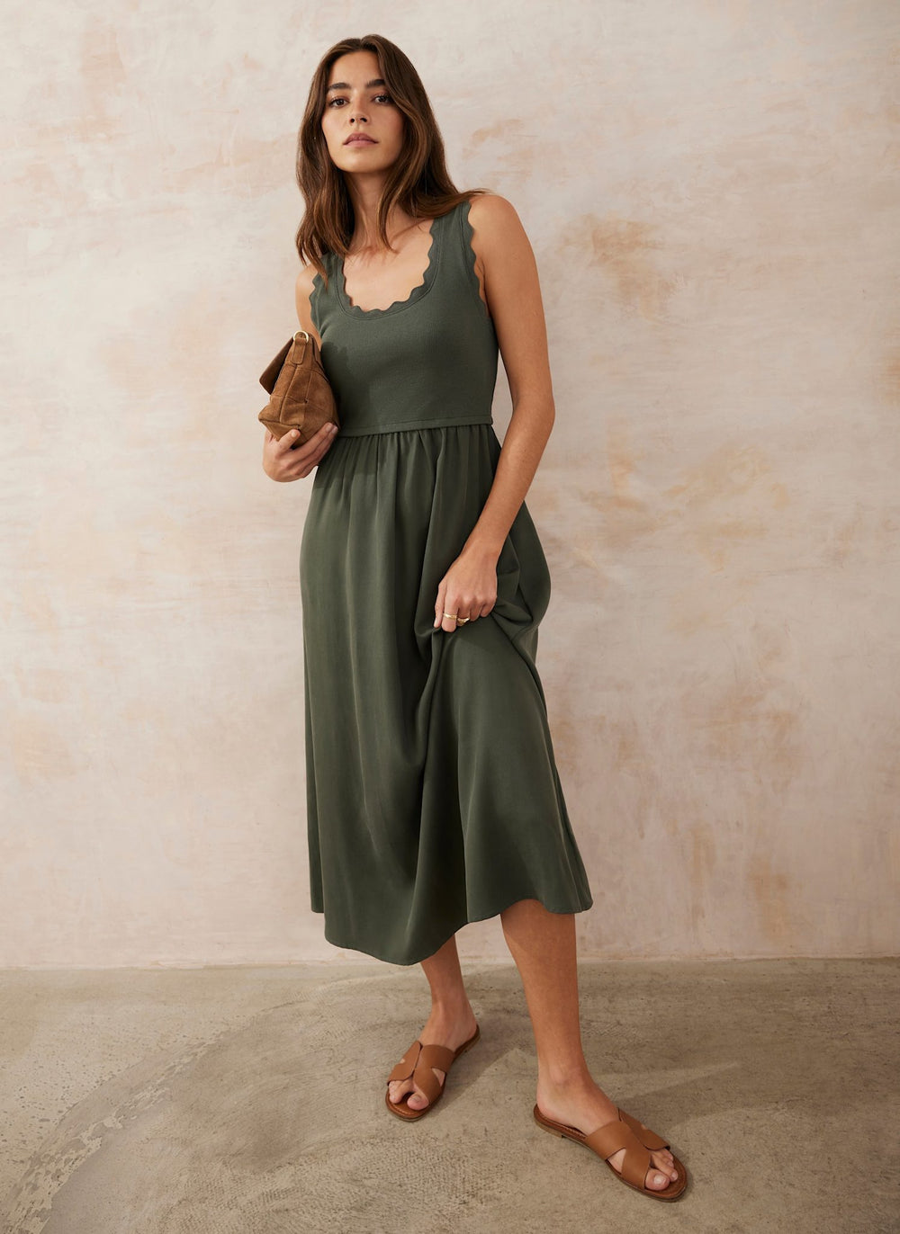 Khaki Scallop Trim Midi Dress