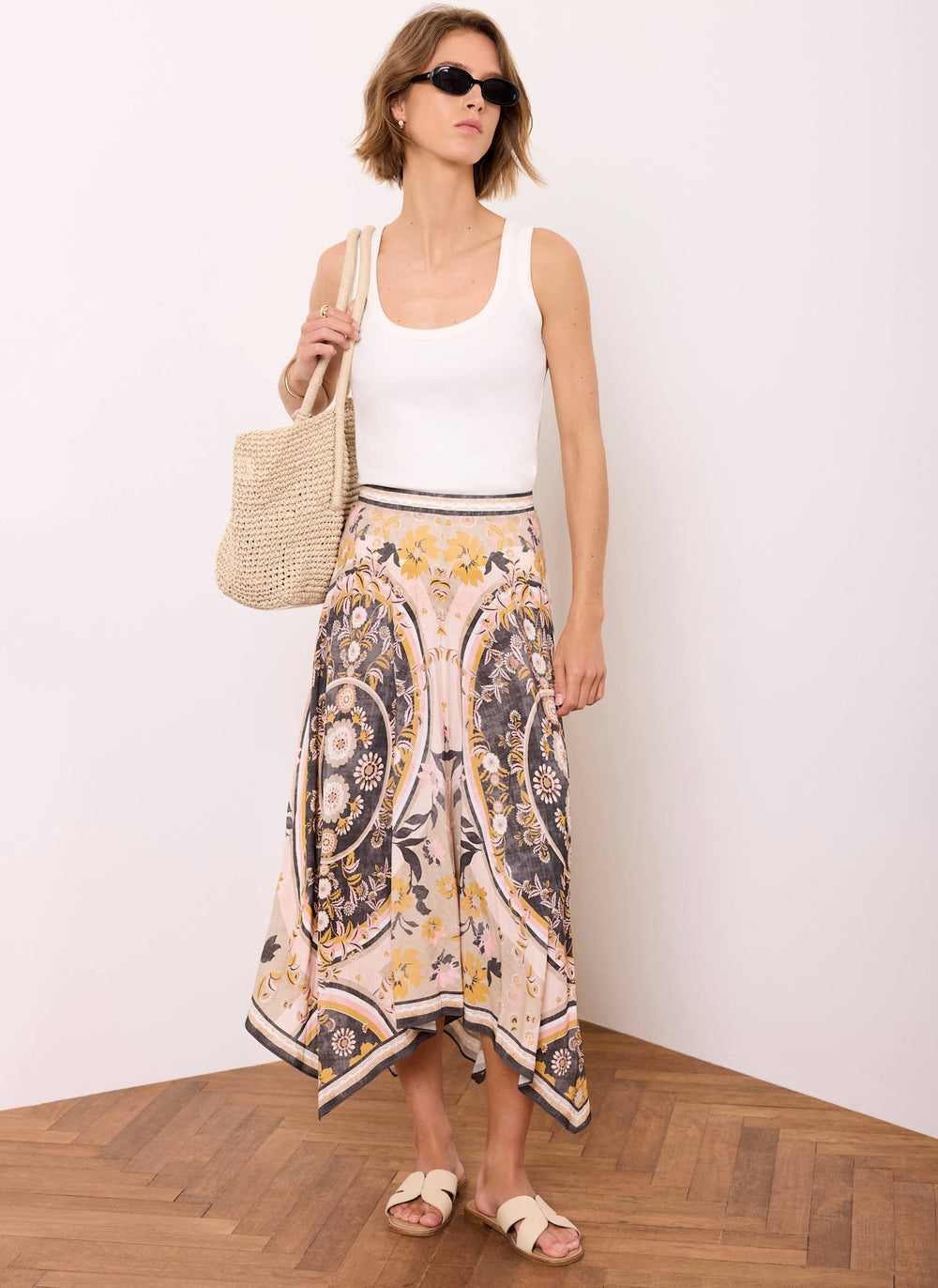 Neutral Floral Print Midi Skirt
