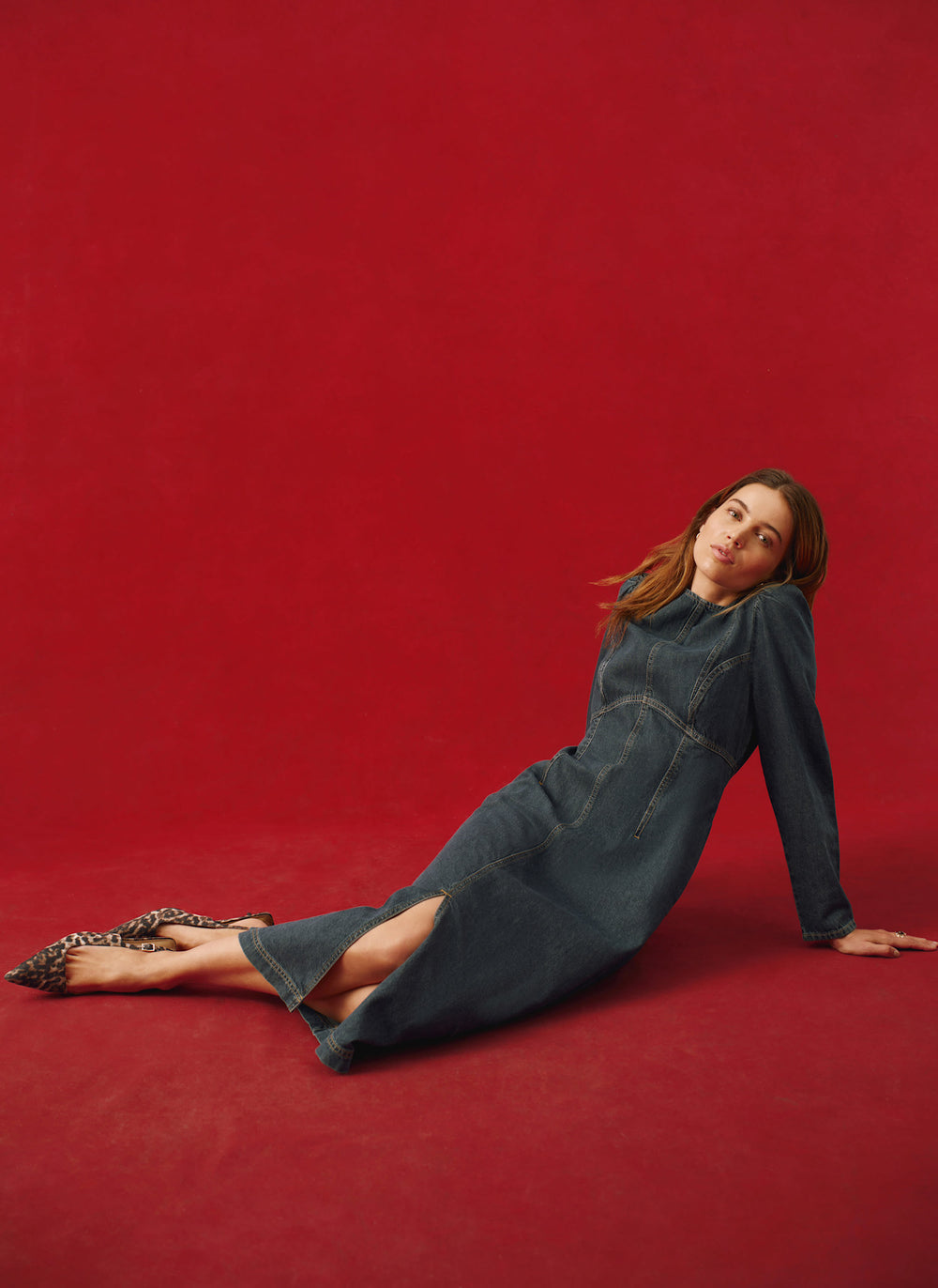 Dark Indigo Denim Puff Sleeve Midi Dress