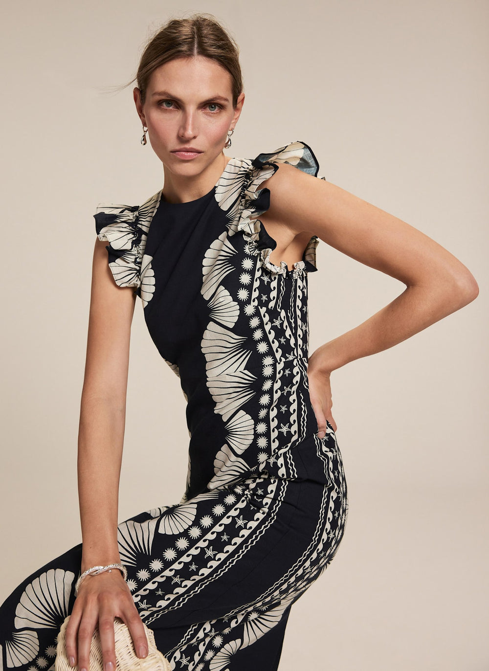 Navy Shell Print Midi Dress