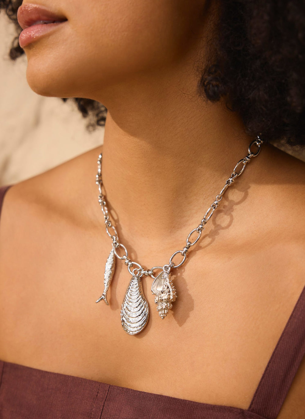 Silver Tone Shell Statement Charm Necklace