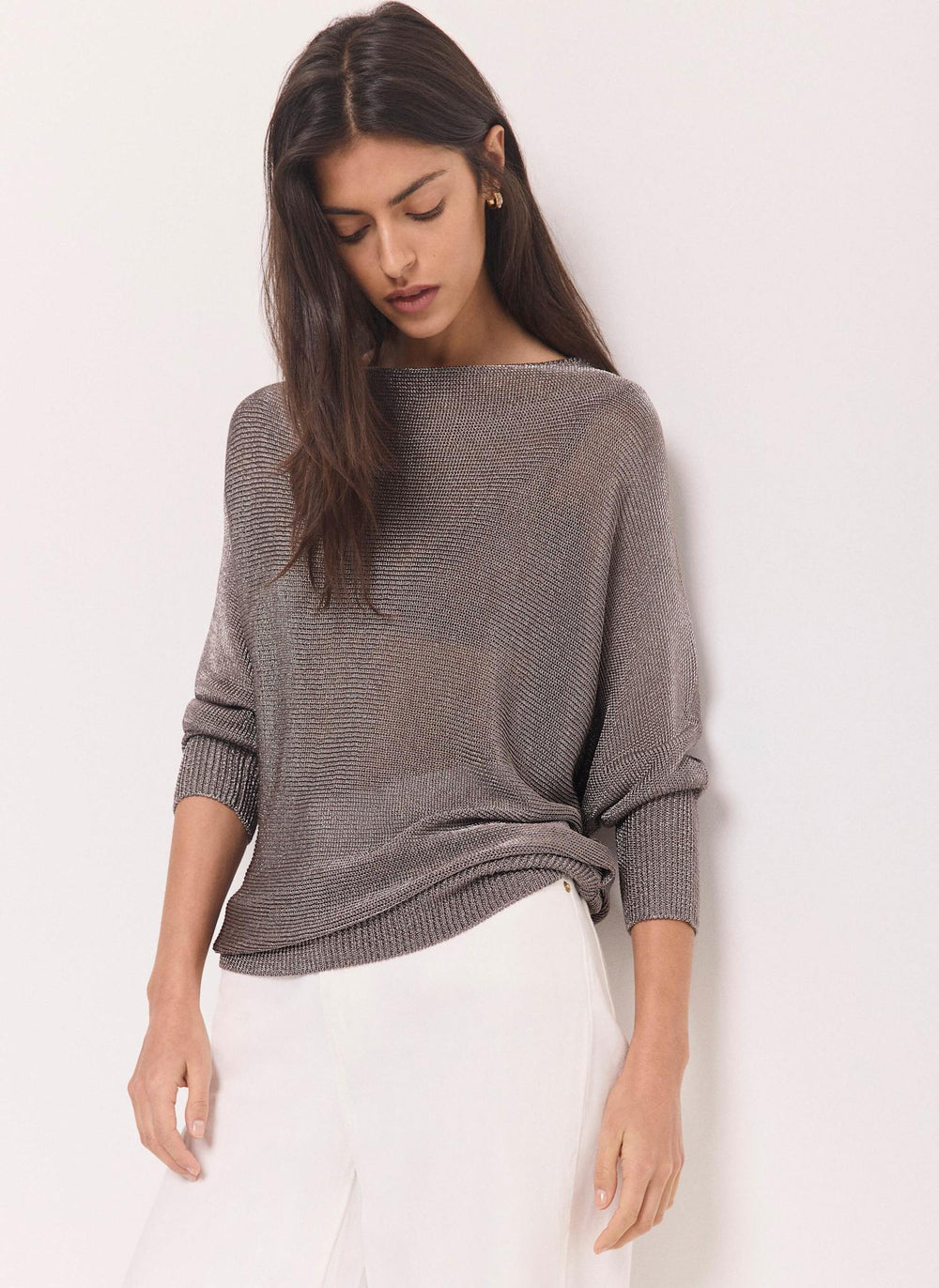 Grey Silver Metallic Knit Top