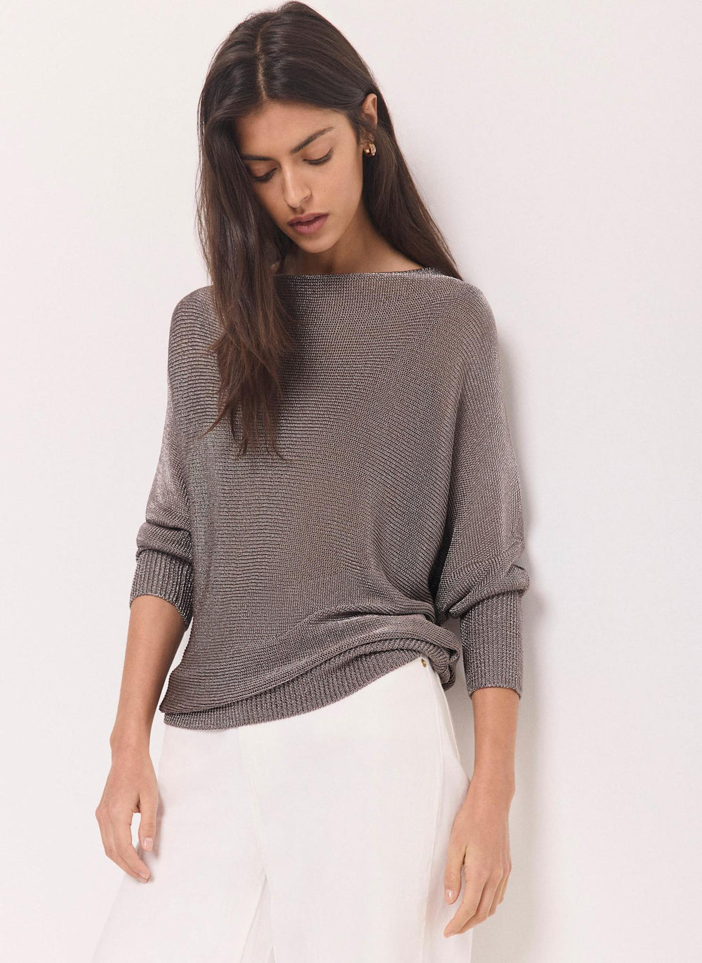 Grey Silver Metallic Knit Top