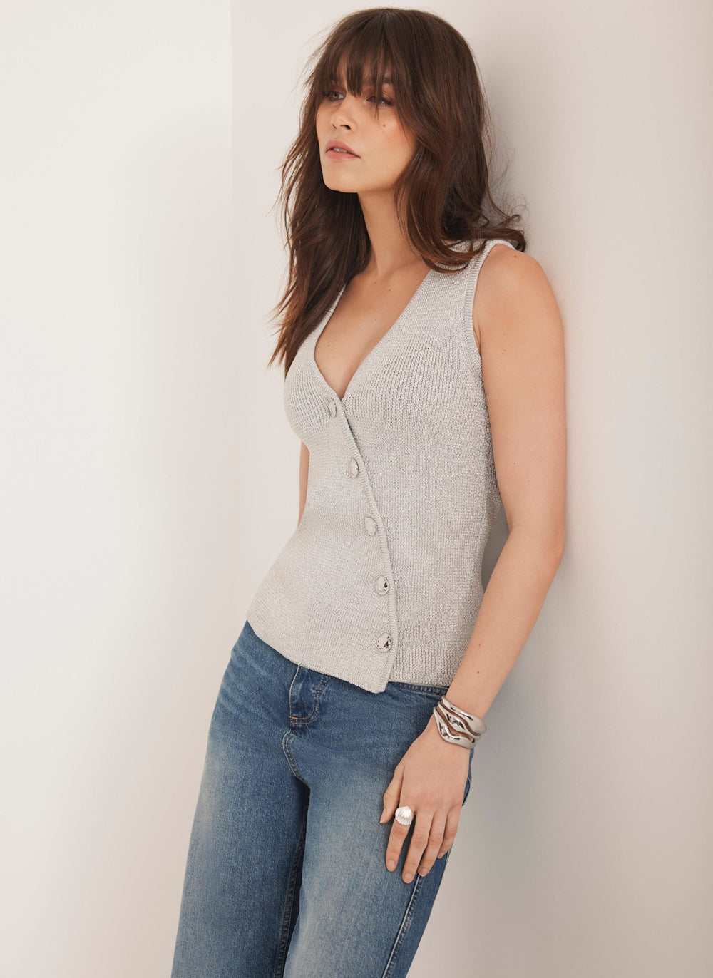 Silver Knit Asymmetric Waistcoat