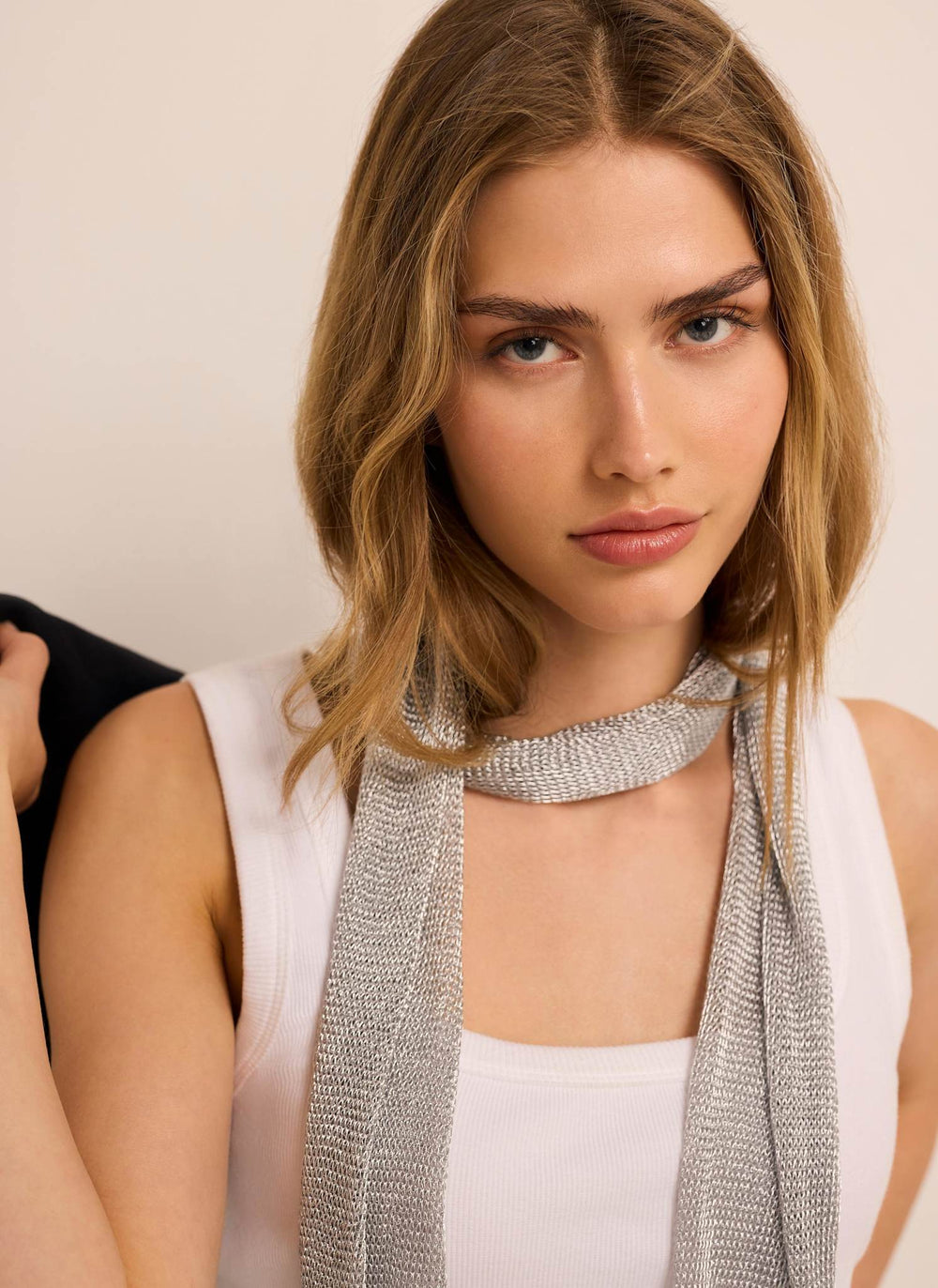 Silver Metallic Skinny Knit Scarf