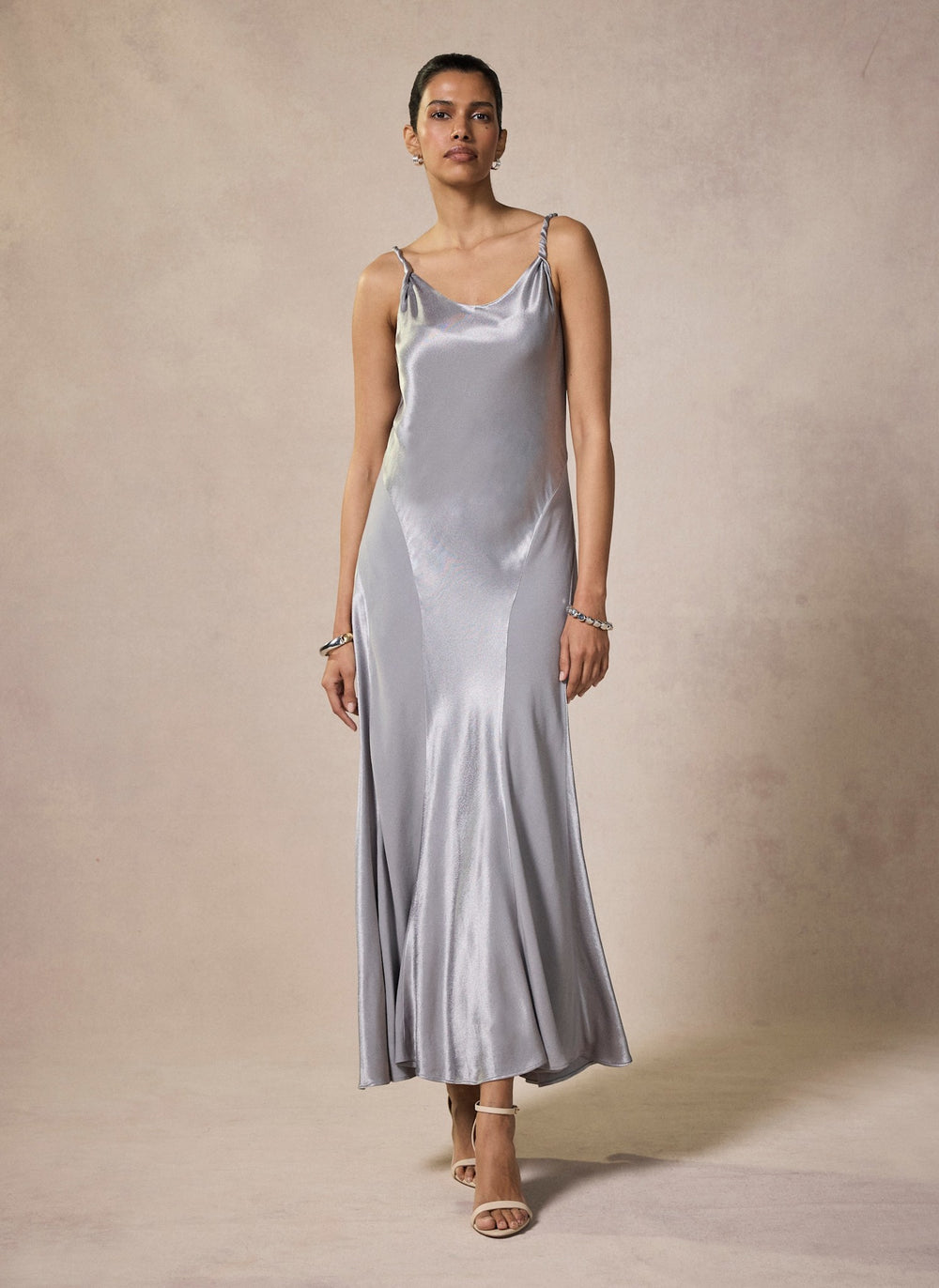 Silver Metallic Satin Maxi Slip Dress