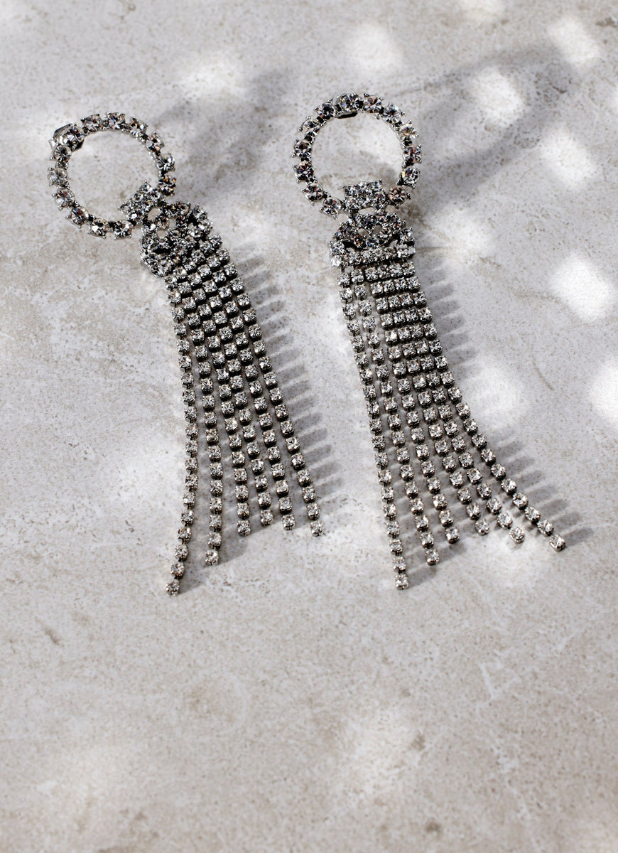 Tassel Silver Rhinestones Long Chain Earrings Silver / One Size