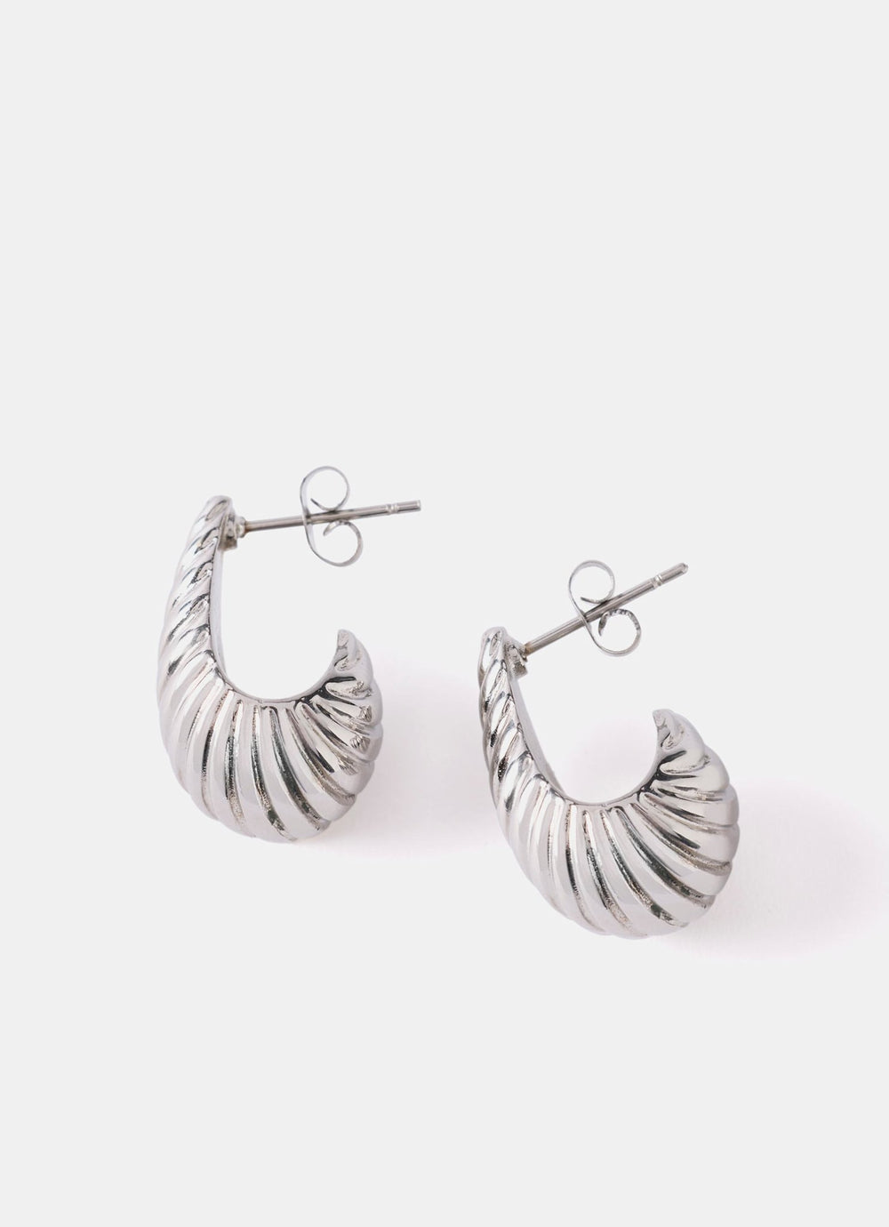 Silver Stainless Steel Ribbed Curve Earrings