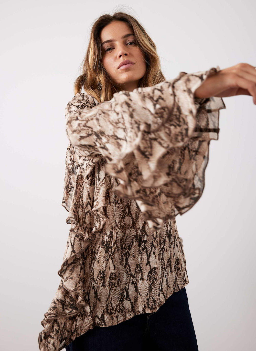 Brown Snake Print Ruffle Detail Blouse