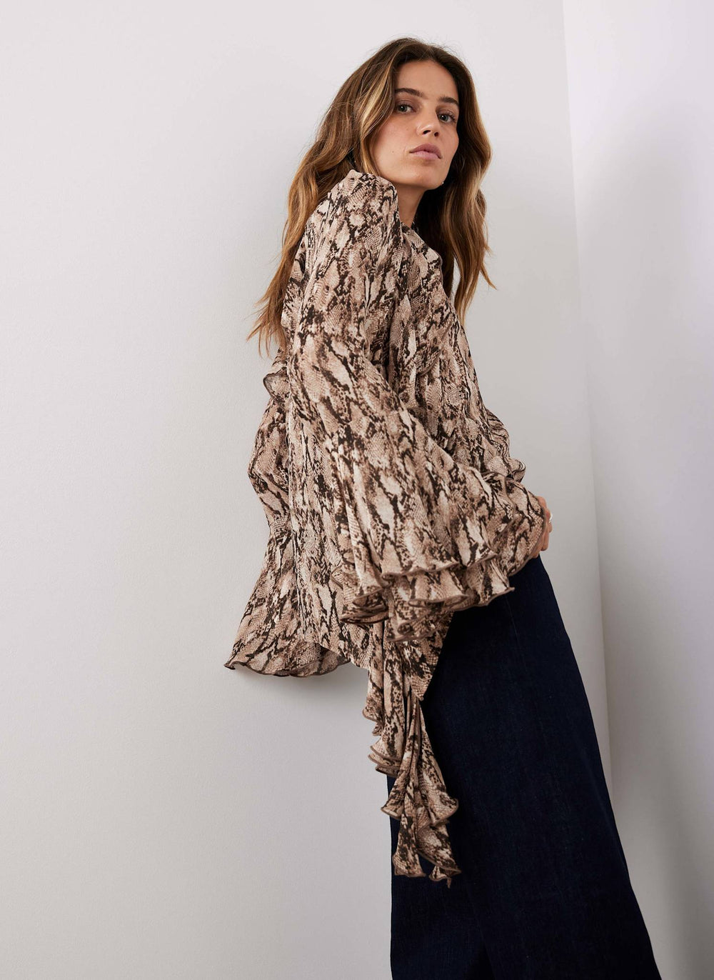 Brown Snake Print Ruffle Detail Blouse