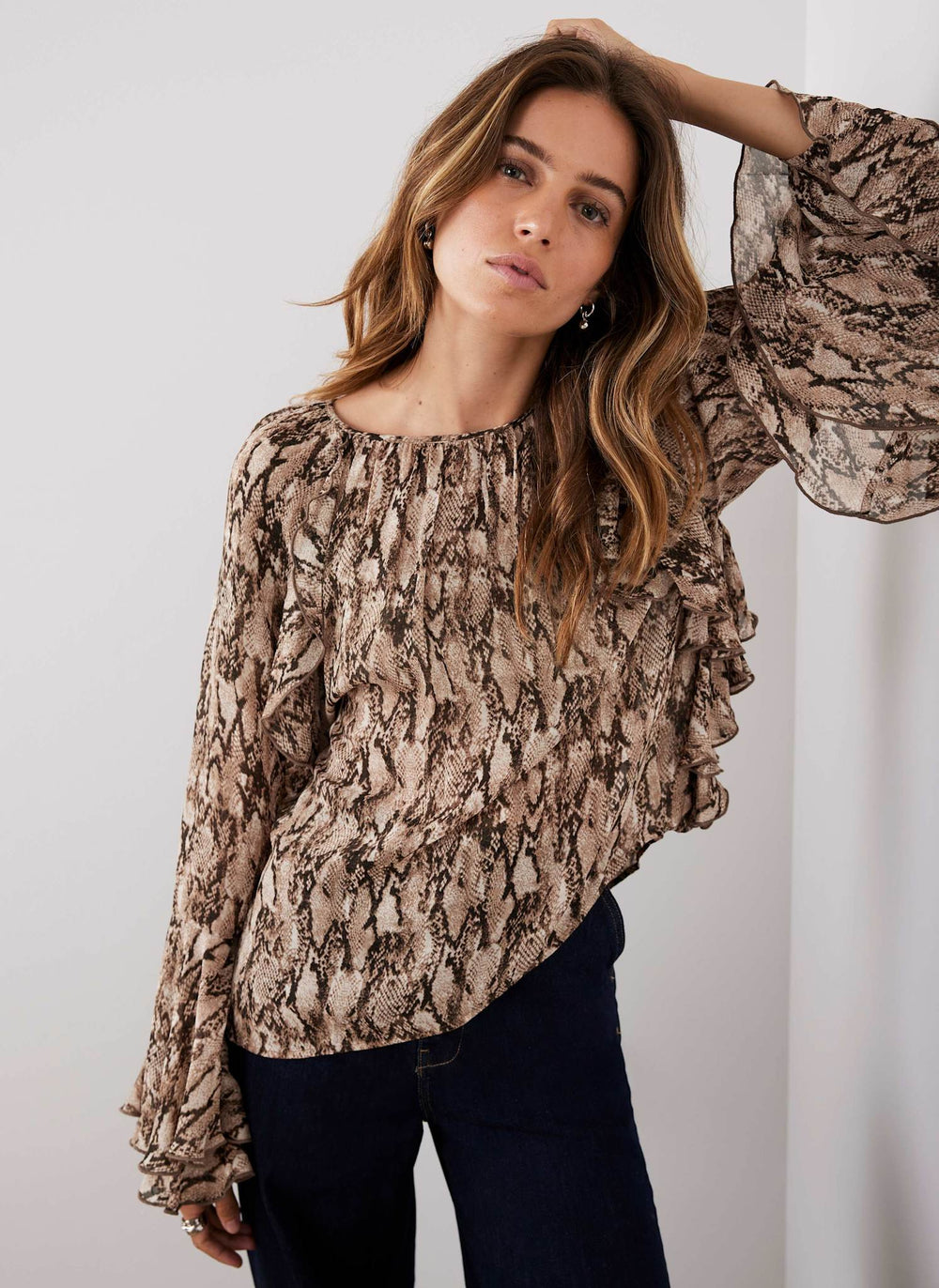 Brown Snake Print Ruffle Detail Blouse