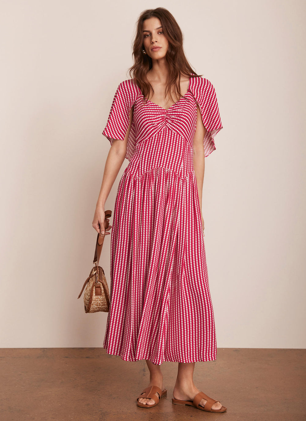 Red Polka Dot Cape Sleeve Midi Dress