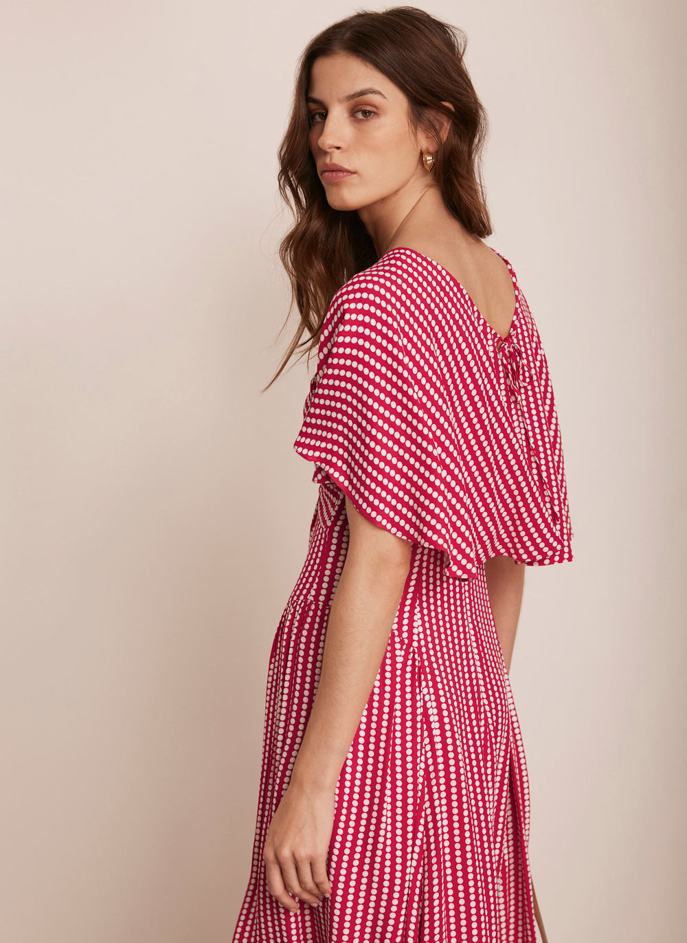 Red Polka Dot Cape Sleeve Midi Dress