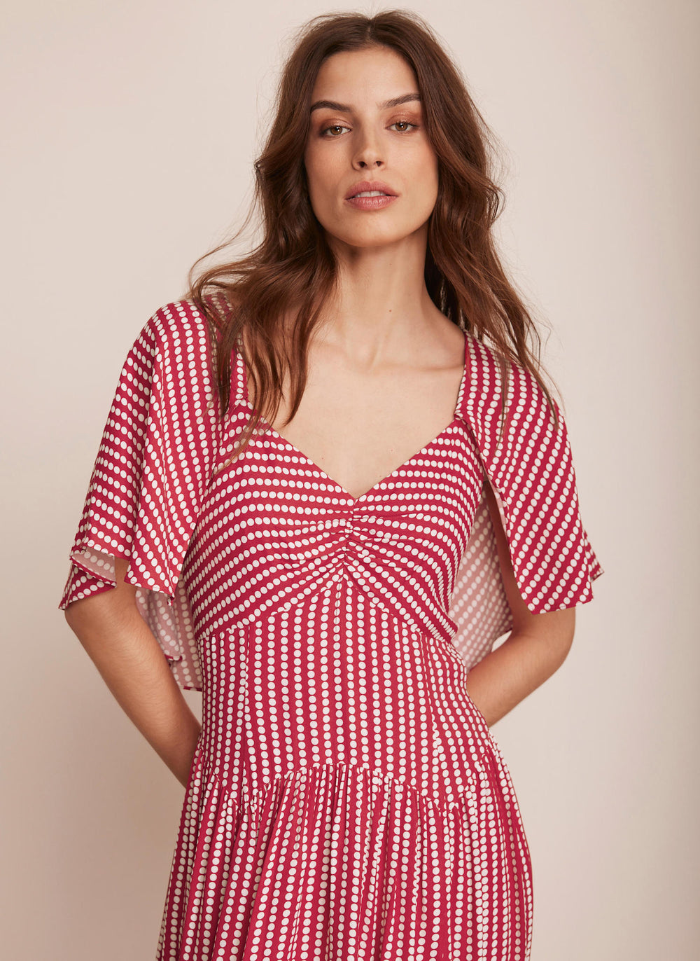 Red Polka Dot Cape Sleeve Midi Dress