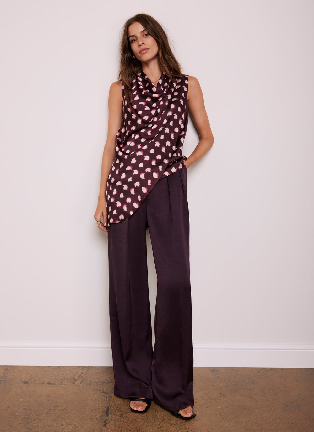 Burgundy Graphic Print Cowl Neck Top