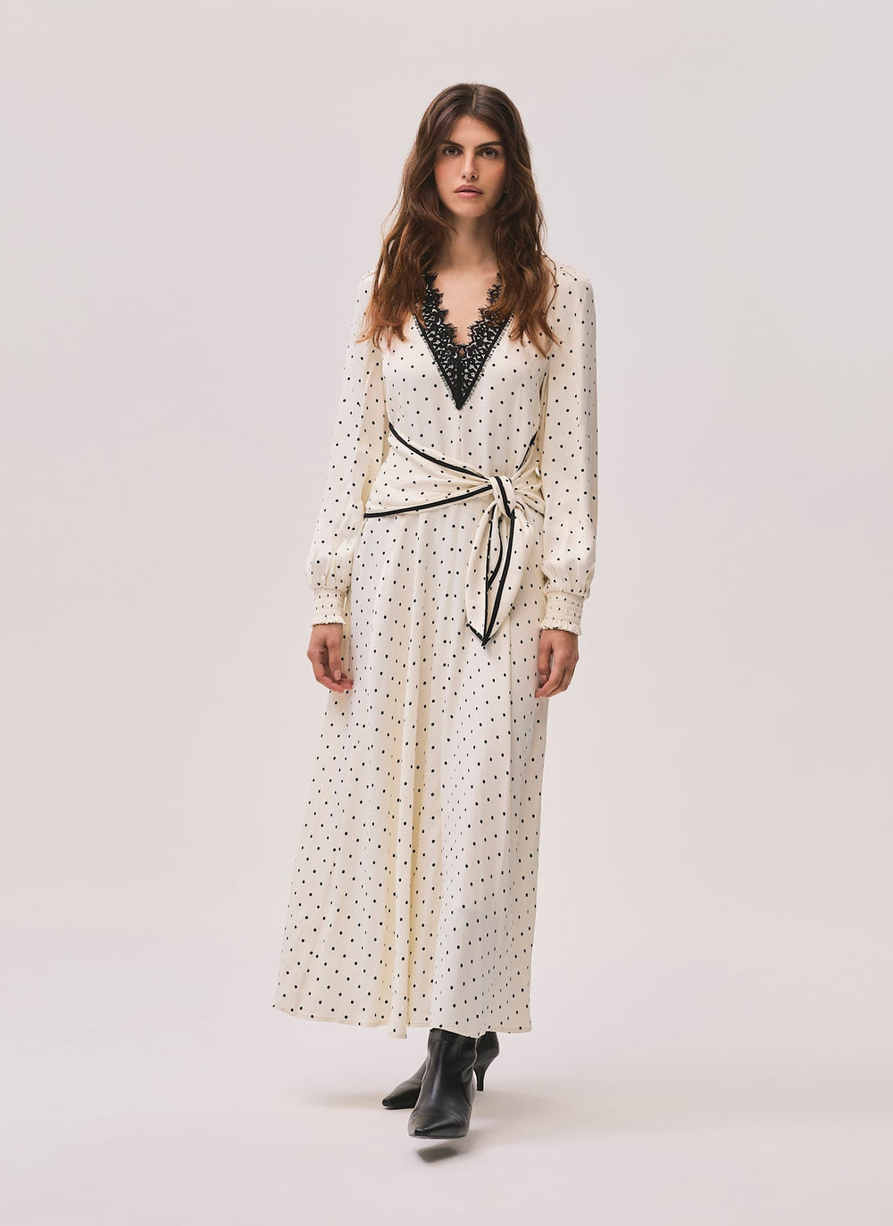 Cream Polka Dot Tie Maxi Dress