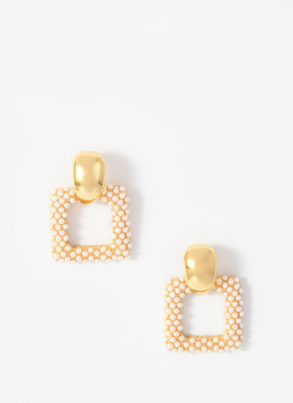 Gold Tone Statement Square Pearl Earrings